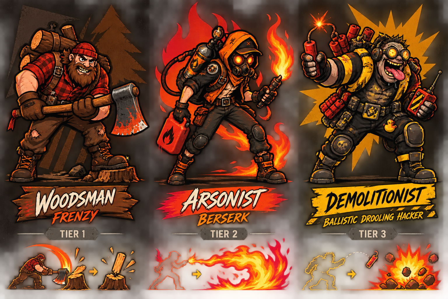 Woodsman, Arsonist and Demolitionist, the three Frenzy attack characters
